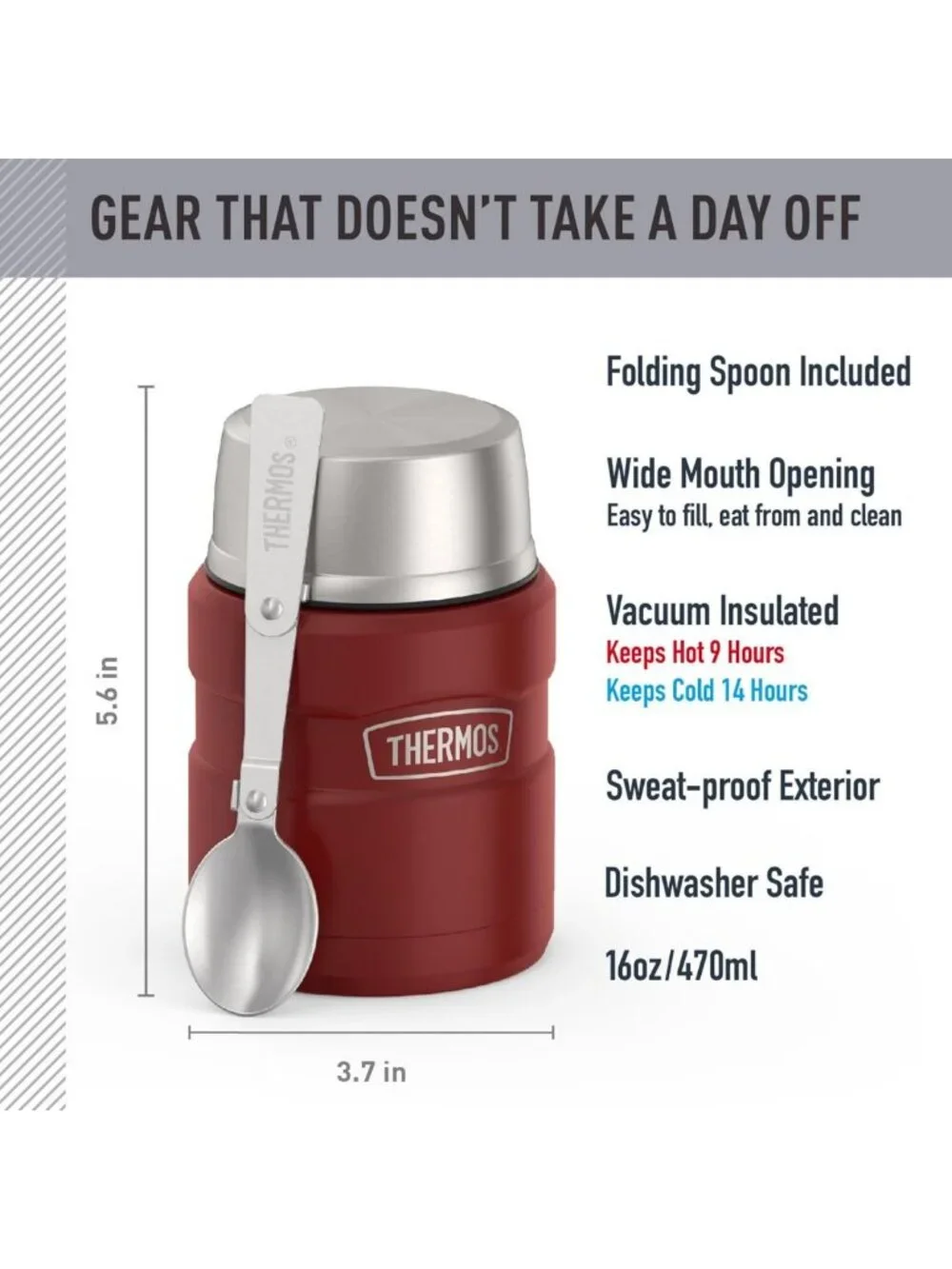 Vacuum-Insulated Food Jar with Spoon, 16oz, Matte Red - Perfect for Hot & Cold